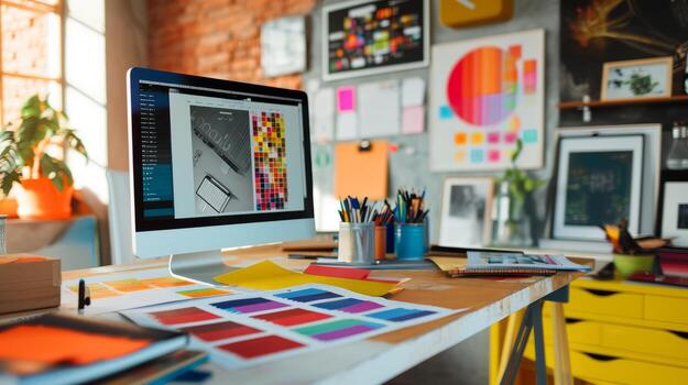 ai-generated-colorful-graphic-design-workspace-with-creative-tools-photo