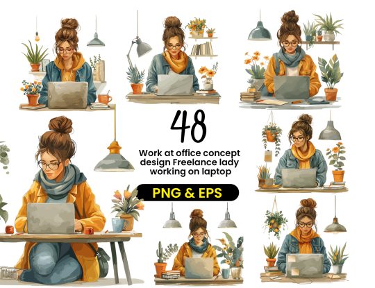 Work at office concept design Freelance lady working on laptop vector clipart
