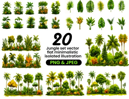 Watercolor jungle set vector flat minimalistic isolated illustration